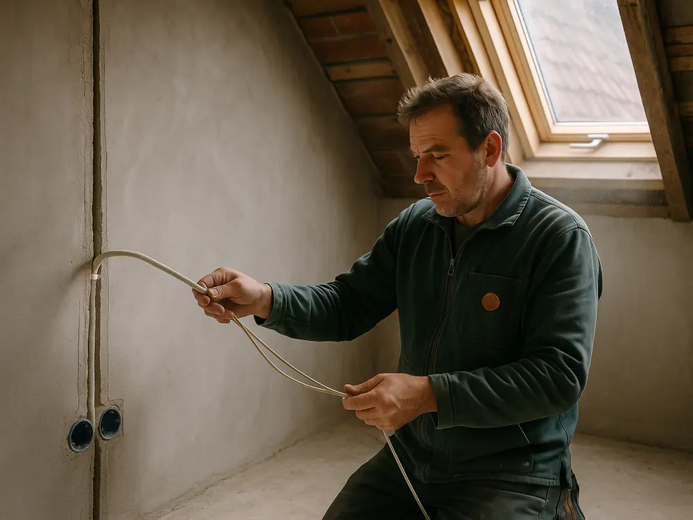 Elektricien trekt draden door nieuwe leidingen in de gefreesde sleuven van een zolderkamer