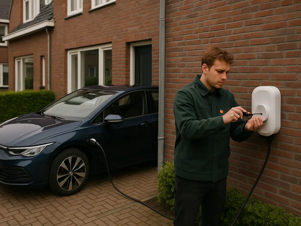 Elektricien monteert een witte laadpaal aan de gevel naast de oprit, de elektrische auto laadt al