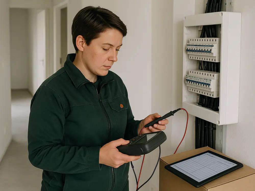Elektricien meet een nieuwe groepenkast in een nieuwbouwwoning door voor het opleverrapport