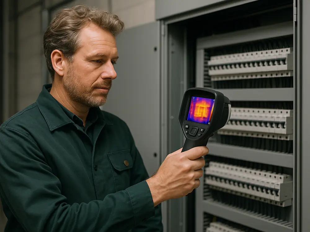 Elektrotechnicus bekijkt een grote verdeelkast in een bedrijfspand met een warmtebeeldcamera