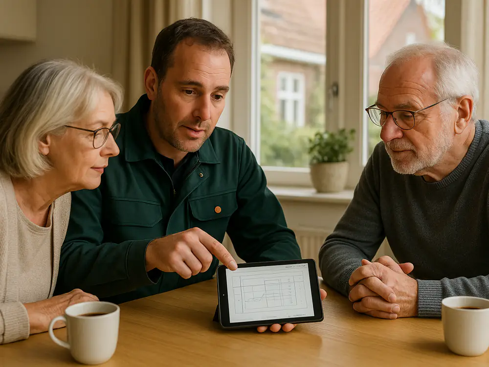 Elektricien bespreekt aan de keukentafel het meetrapport met een ouder echtpaar